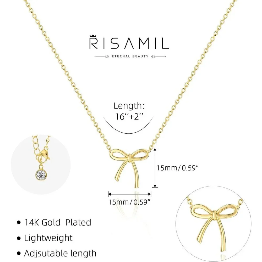 Women's Gold Necklace Cute Small Tiny Bow Pendant Choker Chain Necklace